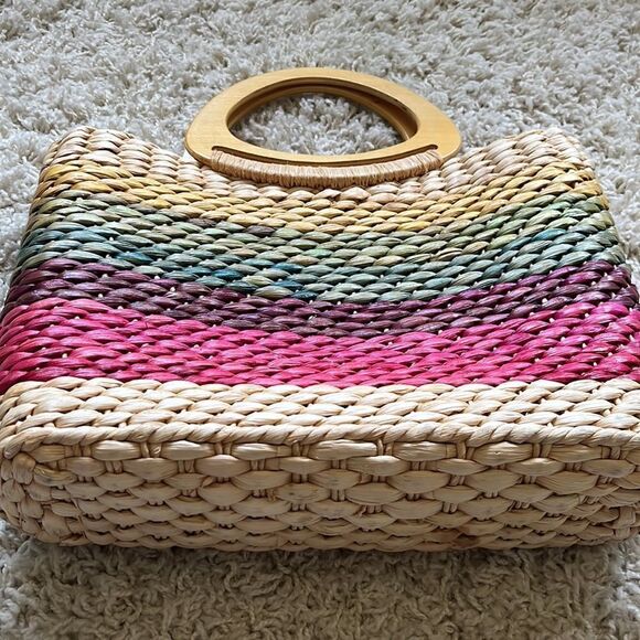 Vintage Straw Handbag - Authentic Cappelli Wooden Handled Purse Beautiful - Picture 6 of 16